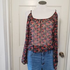 Angie Cold Shoulder Sheer Navy Blue & Red Women's Blouse Size L